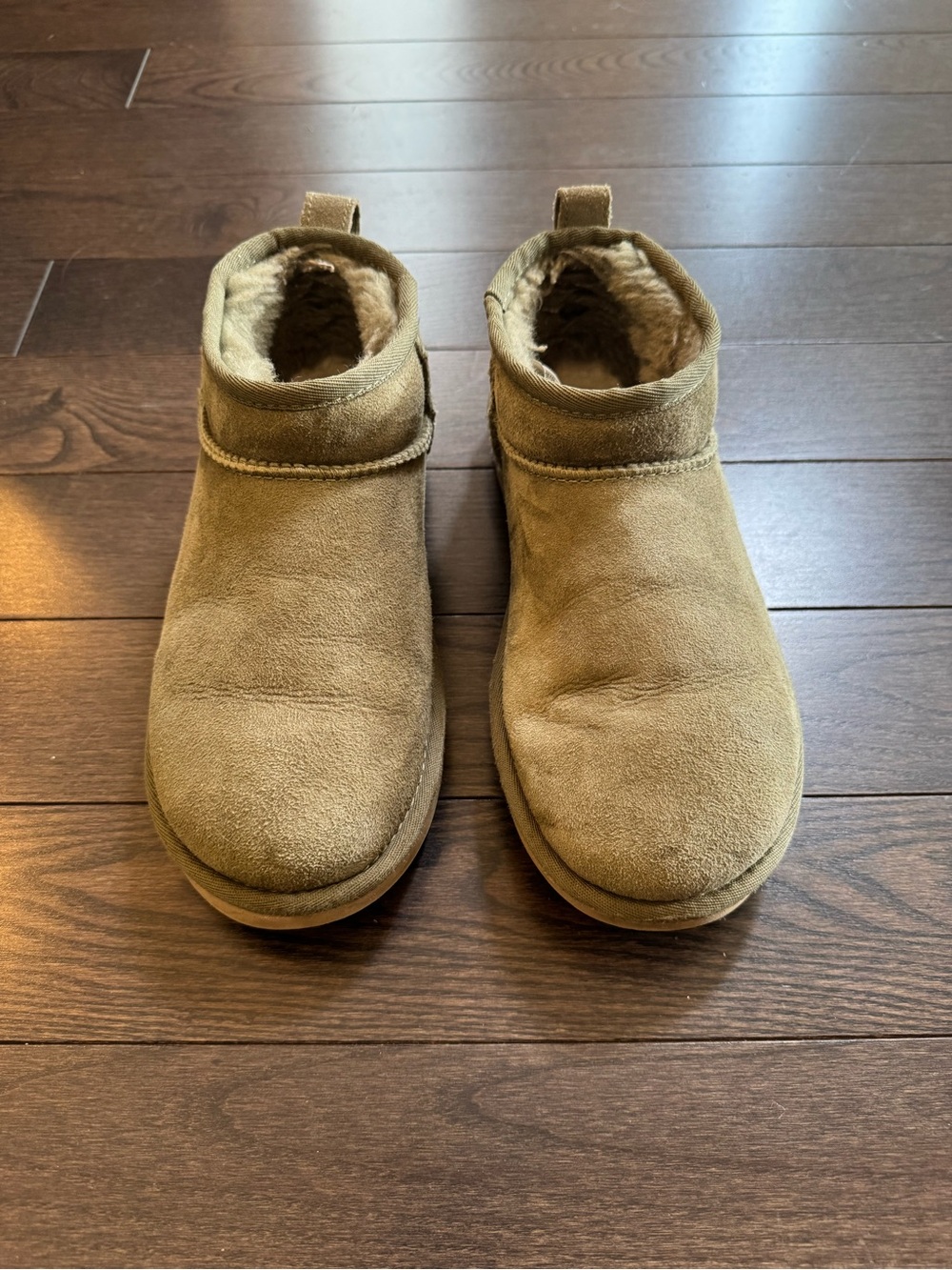 UGG Olive Green Suede Ankle Boots with Shearling Lining